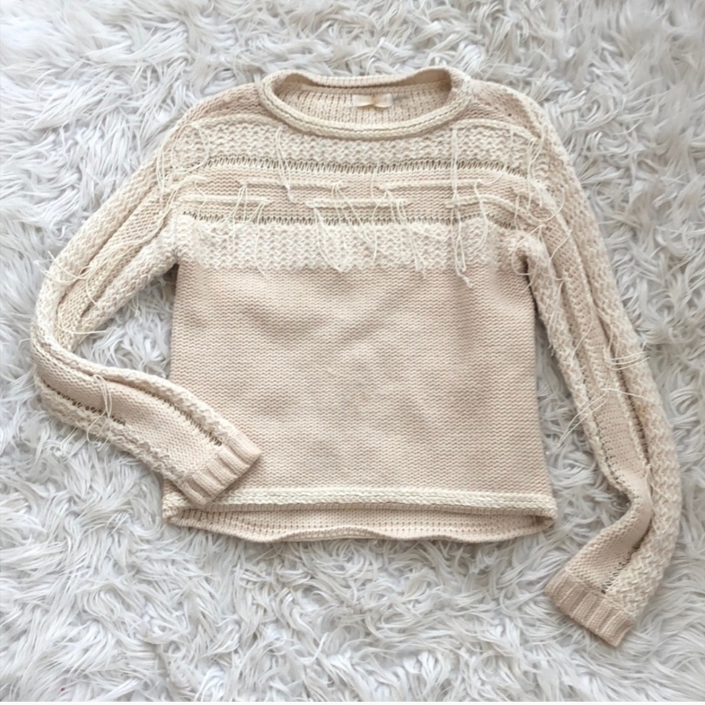 Ramy Brook Cream Crew Neck Sweater with Intricate Knit Pattern